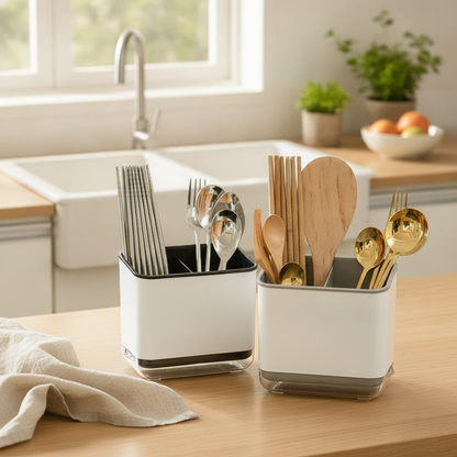 Cutlery Drain Holder — Utensil Caddy with Drip Tray & Removable Chopstick Cage for Kitchen