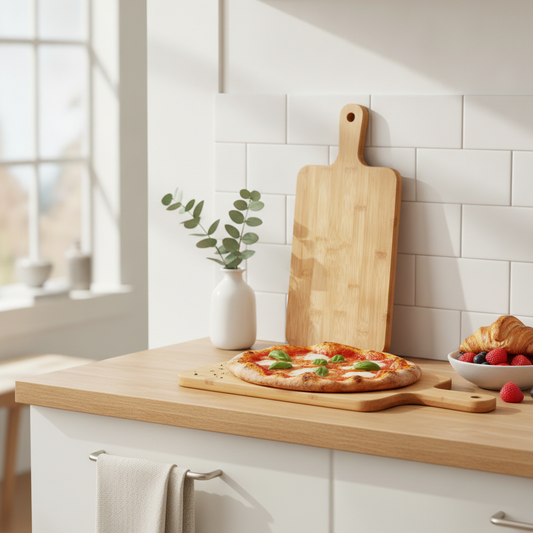 Bamboo Paddle Cutting Board with Handle — Wooden Serving & Pizza Board