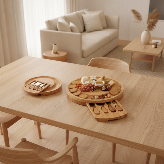 Bamboo Cheese Board & Knife Set — Swivel Charcuterie Platter with Tools
