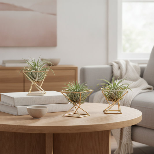 Geometric Gold Metal Air Plant Holder Set of 3 — Modern Plant Stands for Succulents & Tabletop Decor
