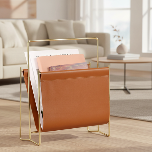 Leather Sling Magazine Rack — Gold Frame Floor Standing Holder