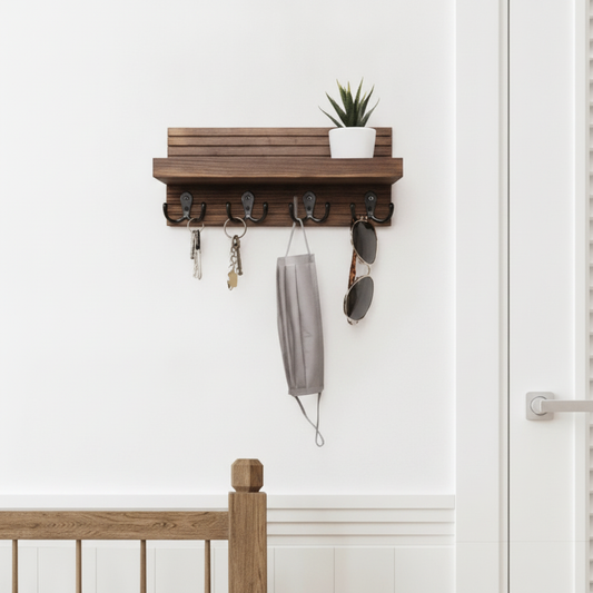 Rustic Wood Entryway Key Holder & Mail Organizer Shelf