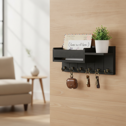 Rustic Wood Key Rack & Mail Organizer with 6 Key Hooks