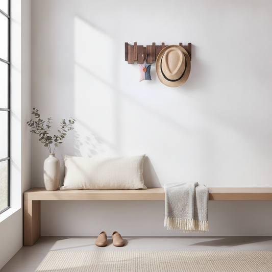 Walnut Wood Wall Coat Rack with 8 Fold-Down Flip Hooks