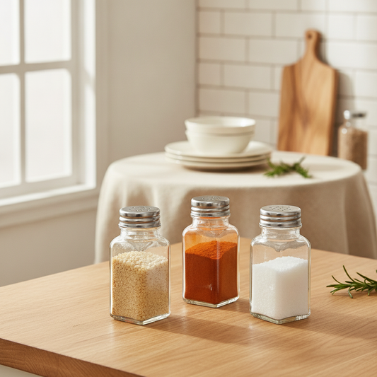Glass Spice Shaker Bottles — Stainless Steel Lids for Salt, Pepper & BBQ Seasoning Kitchen Storage