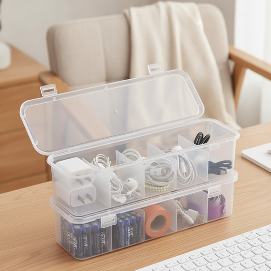 Transparent Cable Storage Box with Lid & Compartments