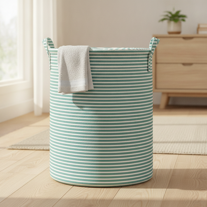Collapsible Striped Laundry Hamper with Handles, Tall Cotton Basket