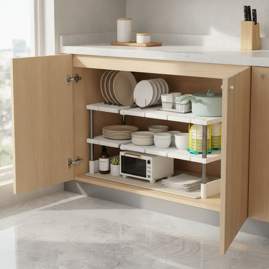 Adjustable Under Sink Storage Rack, Expandable Cabinet Shelf