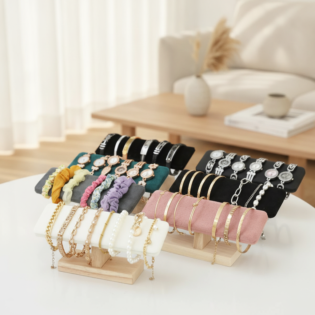 Wooden T-Bar Bracelet Display Rack, PU Leather & Velvet Holder