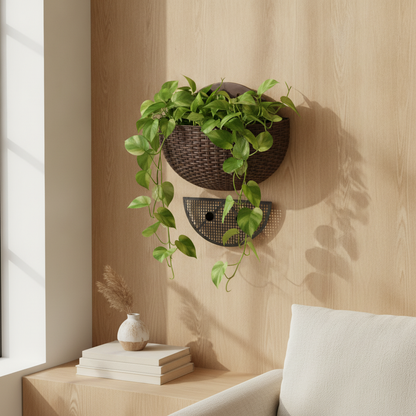 Rattan-Look Wall Hanging Planter, Half-Round Mounted Flower Pot