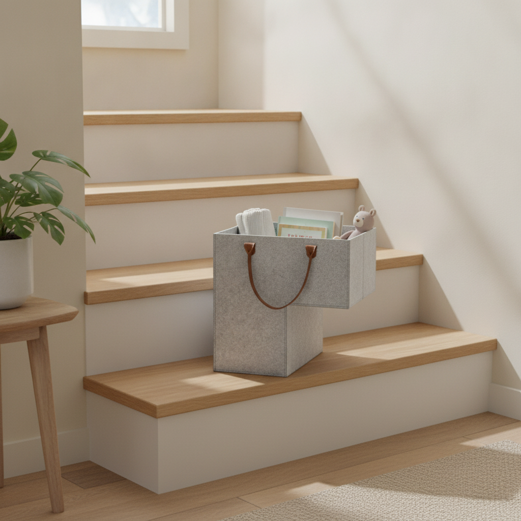 L-Shaped Felt Stair Basket, Space-Saving Storage Bag with Handles