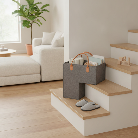 Large Felt Stair Basket, Step-Edge Storage Tote with PU Handles