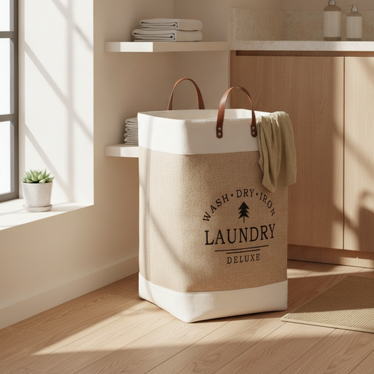 Large Laundry Basket with Leather Handles, Tall Fabric Hamper
