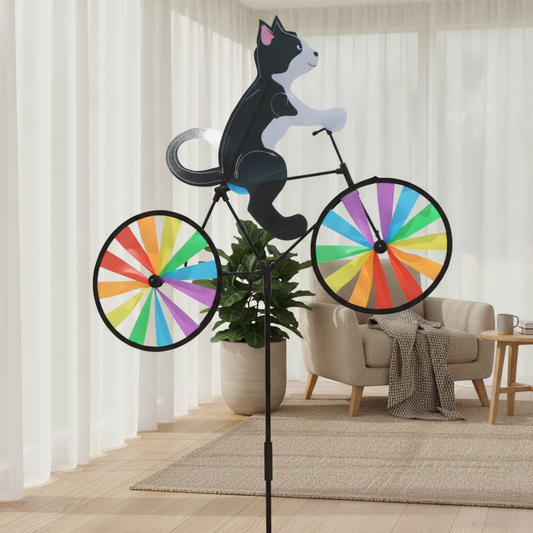 Cartoon Cat Bicycle Wind Spinner Garden Stake Rainbow Pinwheel Decor