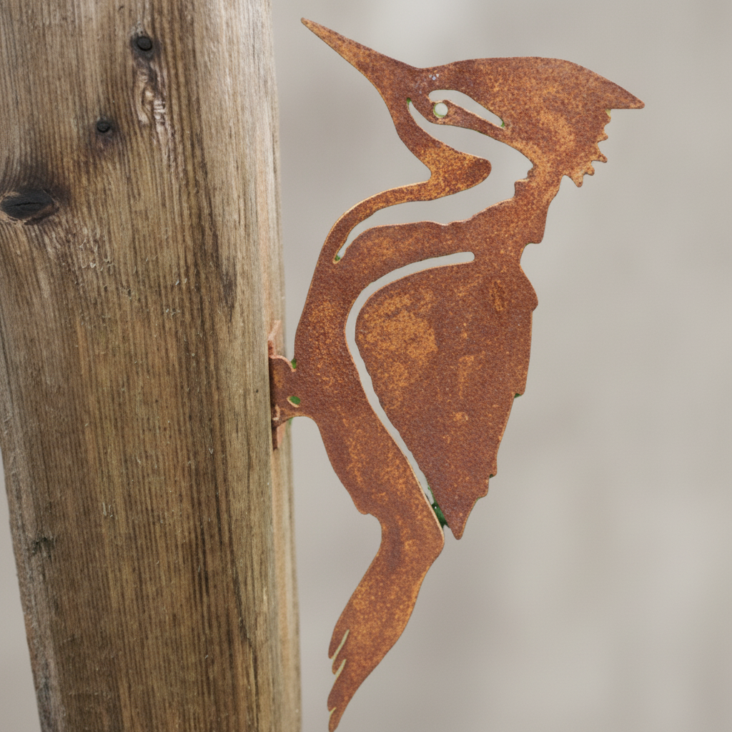 Rusty Iron Woodpecker Garden Stake — Metal Bird Yard Art for Outdoor Lawn & Garden Decor