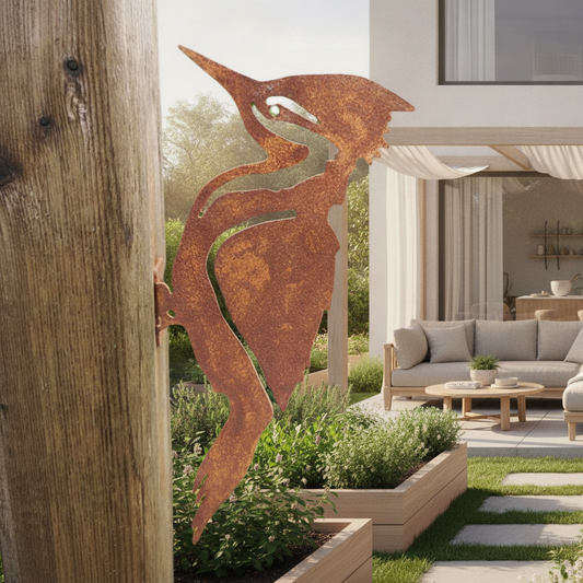 Rusty Iron Woodpecker Garden Stake — Metal Bird Yard Art for Outdoor Lawn & Garden Decor