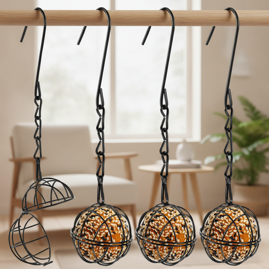 Metal Suet Ball Bird Feeder Set of 4 with Hanging Chain Hooks