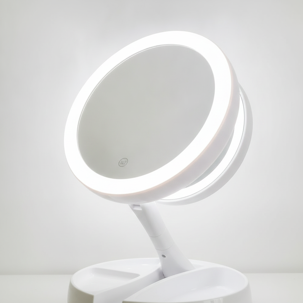 Double-Sided LED Makeup Mirror — Folding 1x/10x Magnifying Lighted Vanity Mirror for Bathroom