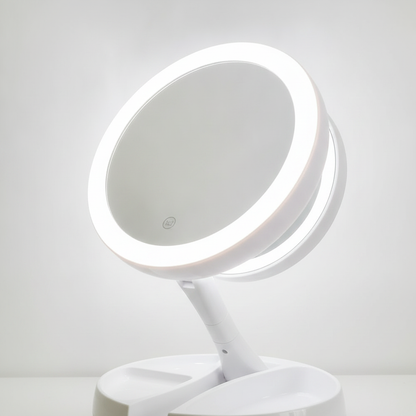 Double-Sided LED Makeup Mirror — Folding 1x/10x Magnifying Lighted Vanity Mirror for Bathroom