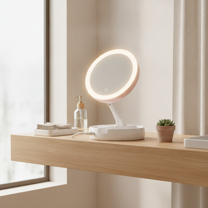 Double-Sided LED Makeup Mirror — Folding 1x/10x Magnifying Lighted Vanity Mirror for Bathroom