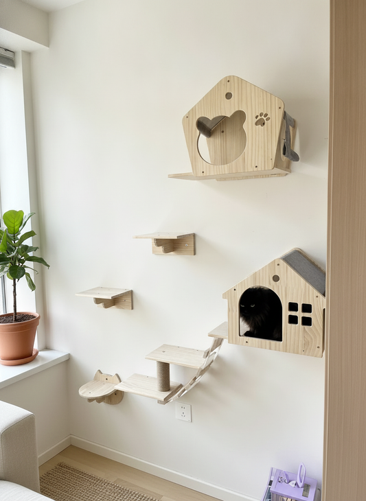 Wall-Mounted Cat Climbing Shelf Set with Cozy House Bed