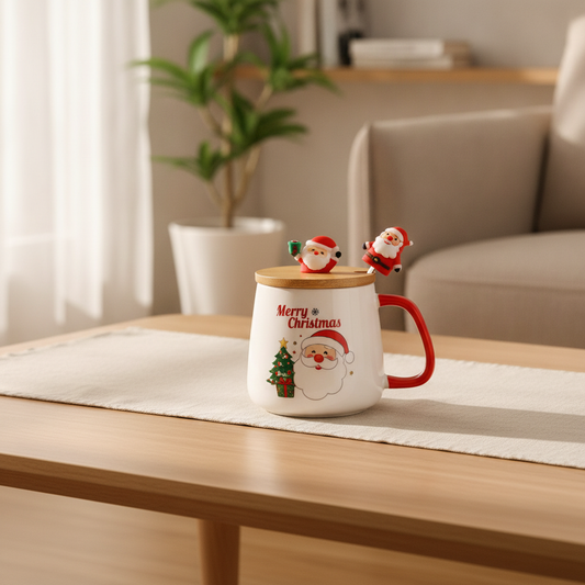 Christmas Ceramic Mug With Lid and Spoon, Holiday Gift Cup (Design Sent at Random)