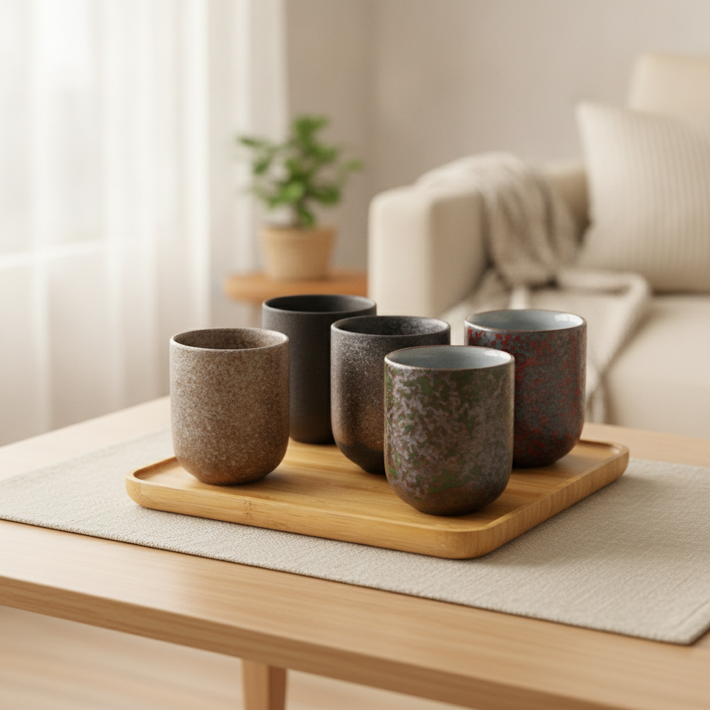 Japanese Stoneware Glazed Tea Cup Set of 5 (Assorted Glazes) 130ml