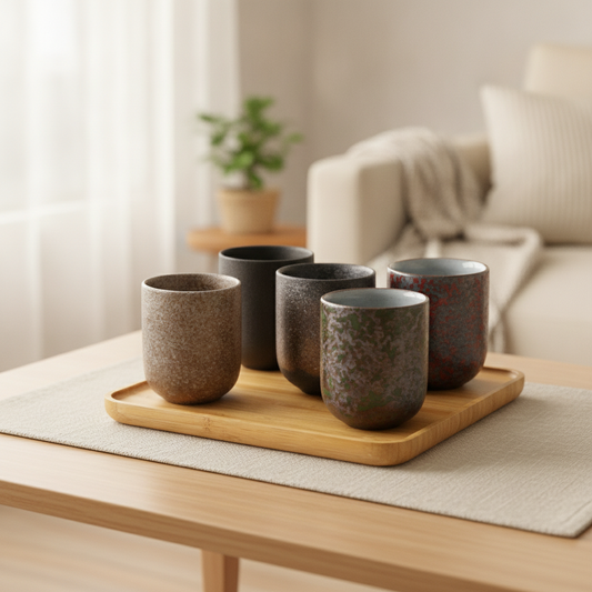 Japanese Stoneware Glazed Tea Cup Set of 5 (Assorted Glazes) 130ml