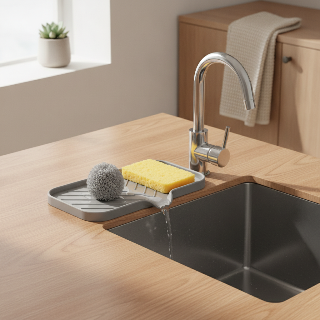 Silicone Sink Tray with Drain — Countertop Soap & Sponge Holder Organizer for Kitchen