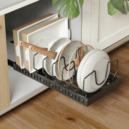 Expandable Pull-Out Pot Pan and Lid Organizer Rack