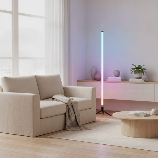 RGB LED Corner Floor Lamp 120cm — Sound-Reactive Ambient Mood Light for Living Room & Bedroom