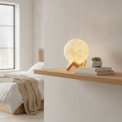 3D Moon Lamp Night Light with Wooden Stand — LED Moon Table Lamp for Bedroom & Desk Decor