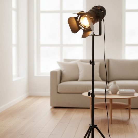 Industrial Tripod Floor Lamp, Retro Studio Spotlight Black Stand
