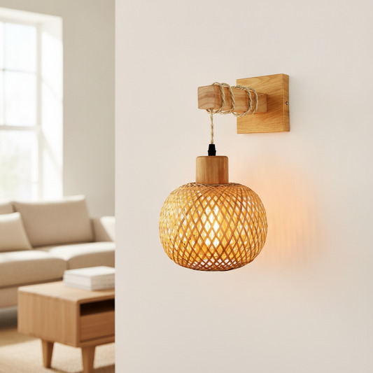 Woven Bamboo Rattan Wall Lamp with Wood Bracket