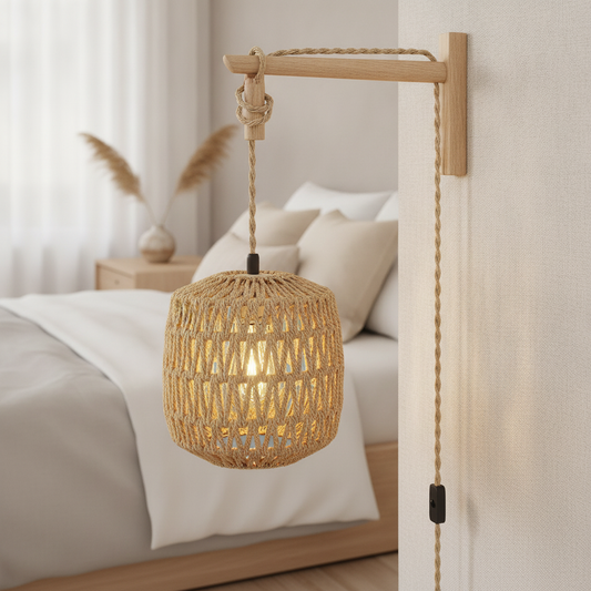Woven Rattan Wall Lamp, Wood Arm Plug-In Bedside Sconce
