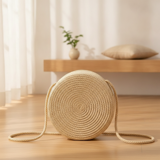 Woven Straw Round Beach Bag — Handmade Rattan Crossbody Shoulder Bag for Women