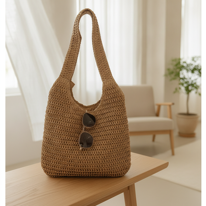 Large Woven Rattan Shoulder Bag — Roomy Straw Summer Handbag for Women