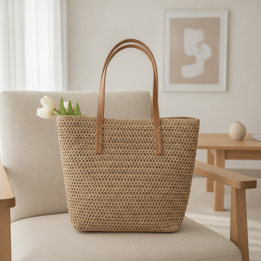 Hand-Woven Boho Straw Beach Tote — Summer Shoulder Handbag for Women
