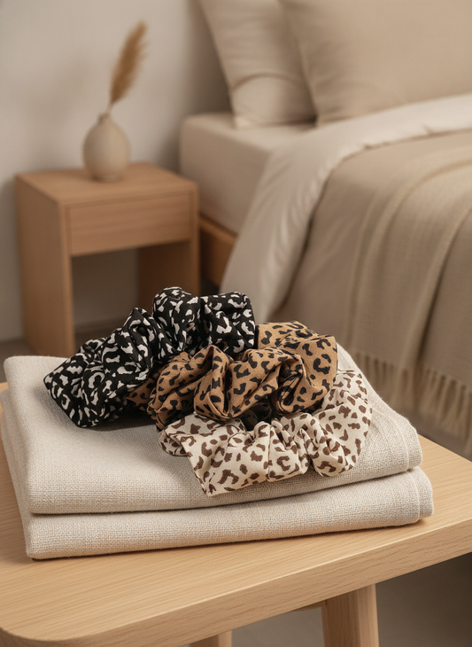 Leopard Velvet & Satin Scrunchies Set — Soft Hair Ties for Women, Multi-Pack
