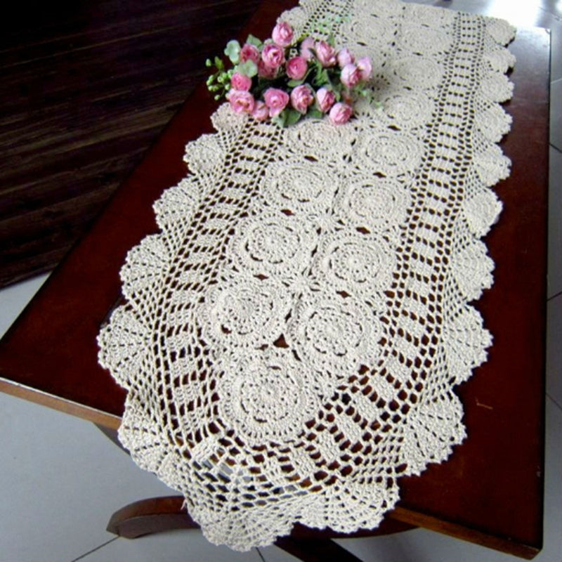 Vintage Hand-Crocheted Cotton Lace Table Runner, Floral