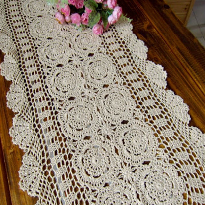 Vintage Hand-Crocheted Cotton Lace Table Runner, Floral