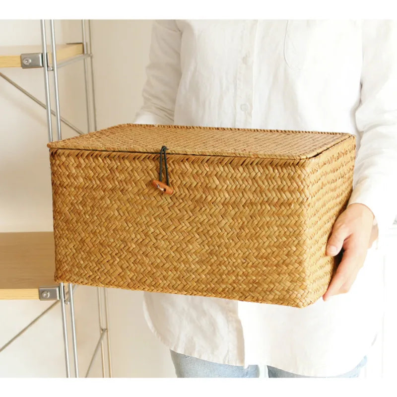 Handwoven Seagrass Storage Box with Lid, Natural Woven Basket
