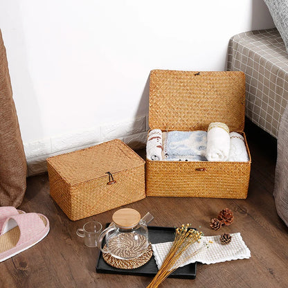 Handwoven Seagrass Storage Box with Lid, Natural Woven Basket