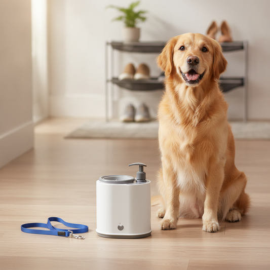 White pump-action pet paw cleaner with a dog in a clean entryway