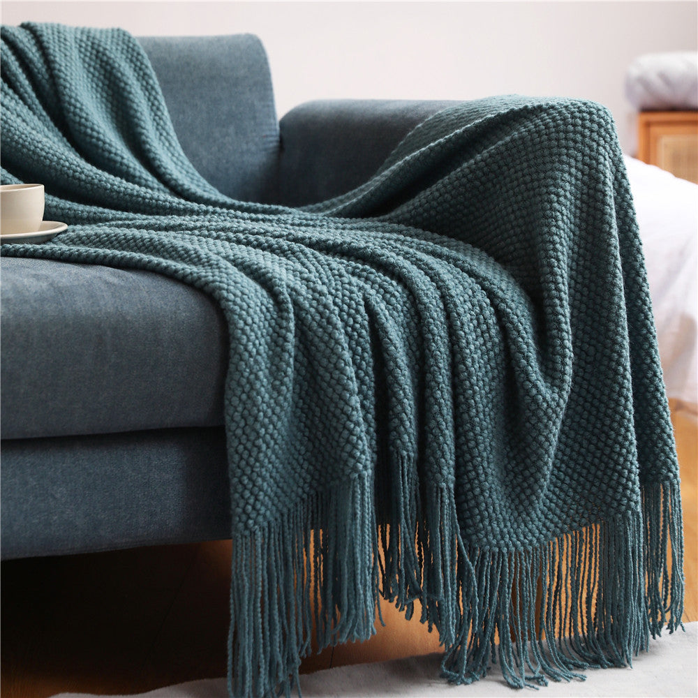Chunky Knit Throw Blanket with Tassels — Boho Solid Sofa Throw