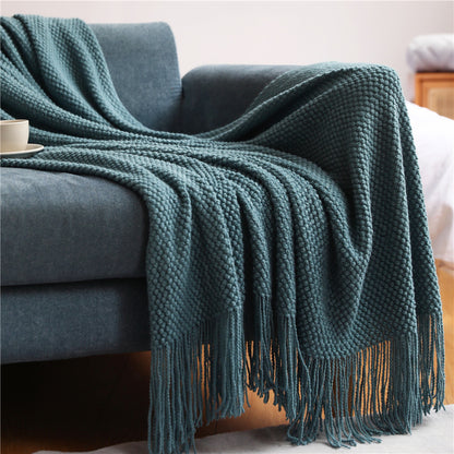 Chunky Knit Throw Blanket with Tassels — Boho Solid Sofa Throw