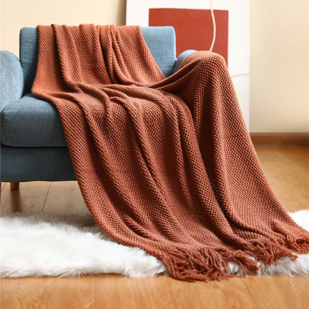 Chunky Knit Throw Blanket with Tassels — Boho Solid Sofa Throw