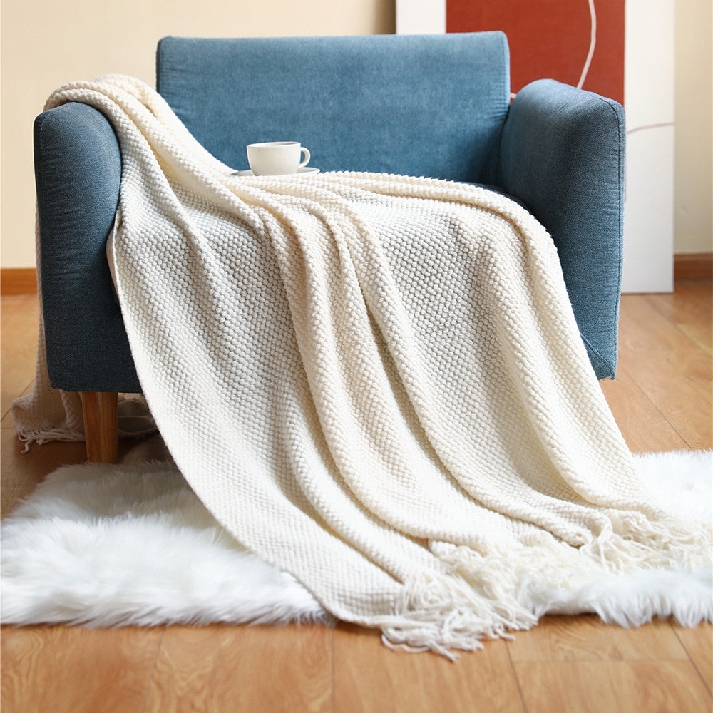 Chunky Knit Throw Blanket with Tassels — Boho Solid Sofa Throw