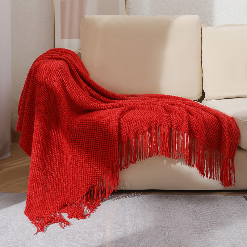Chunky Knit Throw Blanket with Tassels — Boho Solid Sofa Throw
