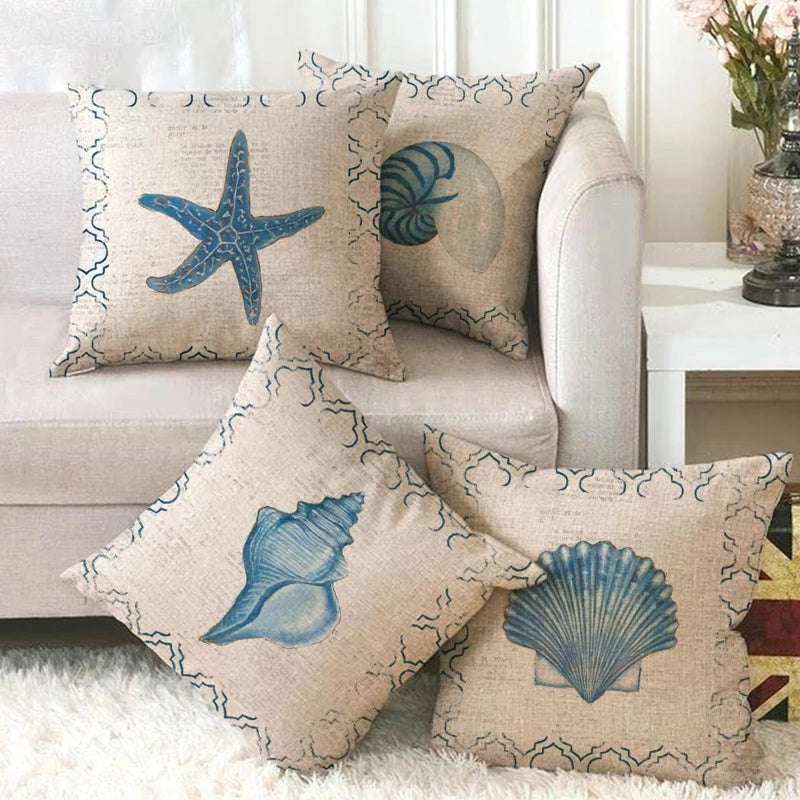 Coastal Sea Life Throw Pillow Covers, Starfish Shell Cushion Covers